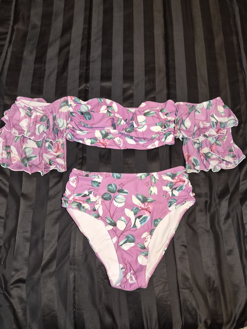 SHEIN Pink Floral Off-Shoulder Ruffle Bikini Set